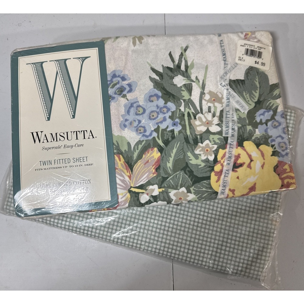 Lot 2 Wamsutta Twin Sheet Top Floral-Bottom Gingham Green Bedroom New
